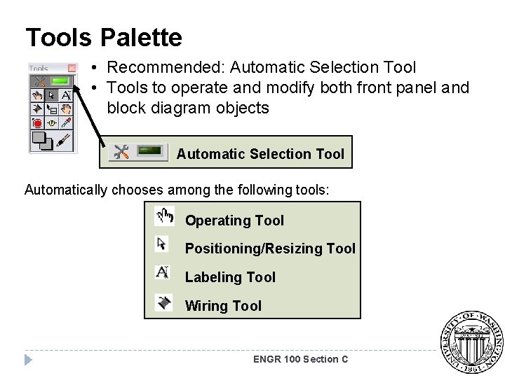 Tools Palette • Recommended: Automatic Selection Tool • Tools to operate and modify both