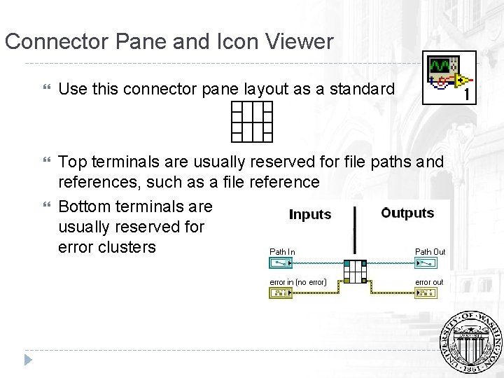 Connector Pane and Icon Viewer Use this connector pane layout as a standard Top