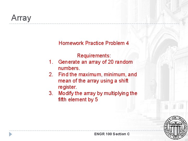 Array Homework Practice Problem 4 Requirements: 1. Generate an array of 20 random numbers.