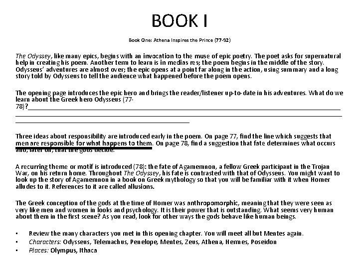The Odyssey Books IIII BOOK I Book One