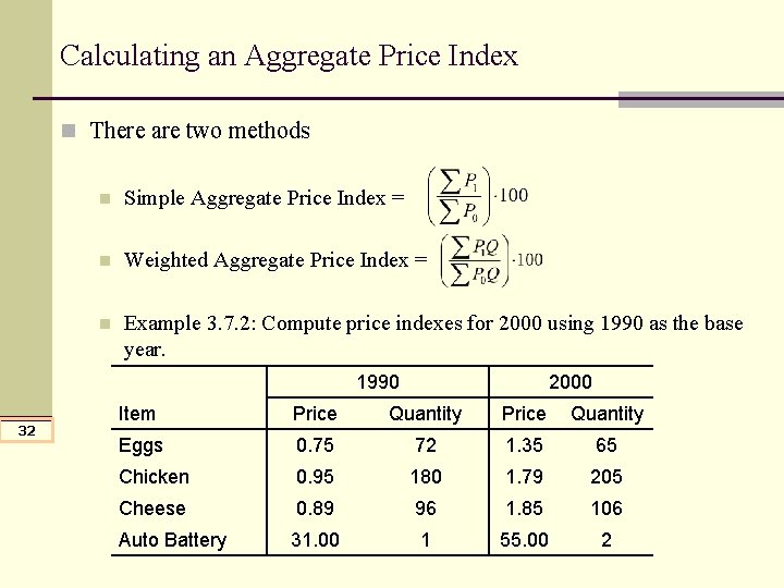 Calculating an Aggregate Price Index n There are two methods n Simple Aggregate Price Calculating an Aggregate Price Index n There are two methods n Simple Aggregate Price