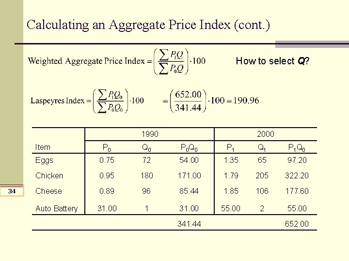 Calculating an Aggregate Price Index (cont. ) How to select Q? 1990 34 2000 Calculating an Aggregate Price Index (cont. ) How to select Q? 1990 34 2000