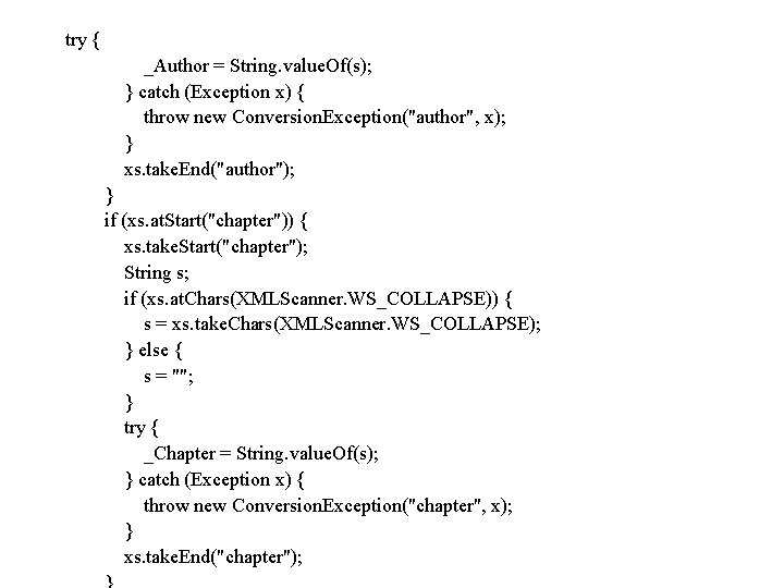 try { _Author = String. value. Of(s); } catch (Exception x) { throw new