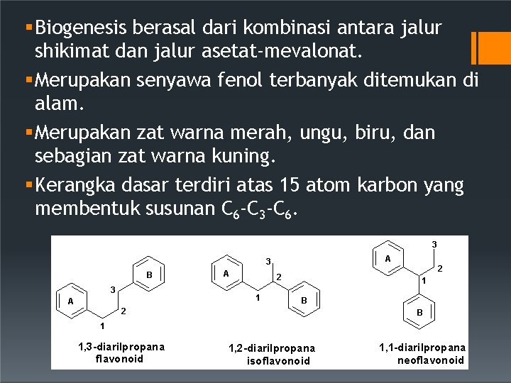  Biogenesis berasal dari kombinasi antara jalur shikimat dan jalur asetat-mevalonat. Merupakan senyawa fenol