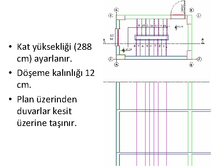  • Kat yüksekliği (288 cm) ayarlanır. • Döşeme kalınlığı 12 cm. • Plan