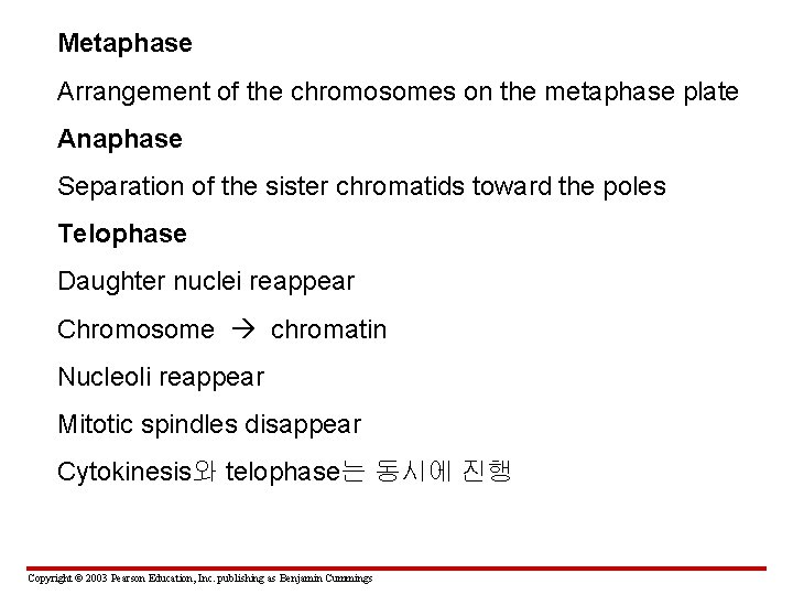 Metaphase Arrangement of the chromosomes on the metaphase plate Anaphase Separation of the sister