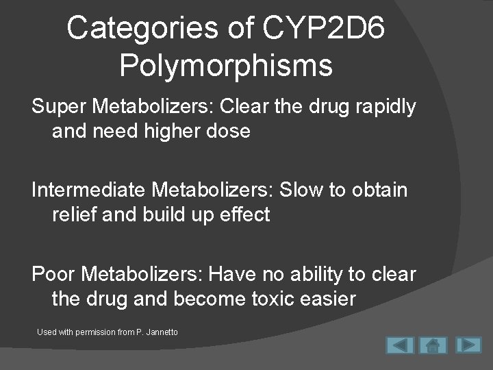 Categories of CYP 2 D 6 Polymorphisms Super Metabolizers: Clear the drug rapidly and