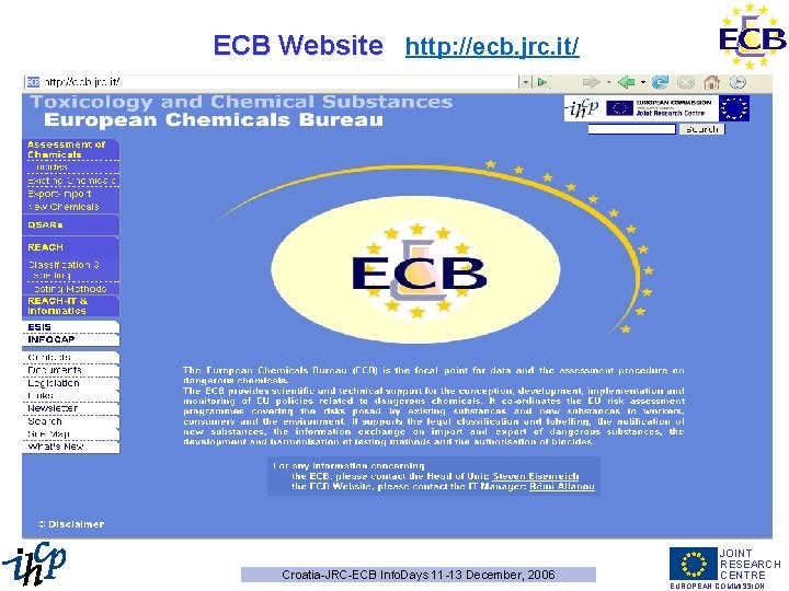 ECB Website http: //ecb. jrc. it/ Croatia-JRC-ECB Info. Days 11 -13 December, 2006 JOINT