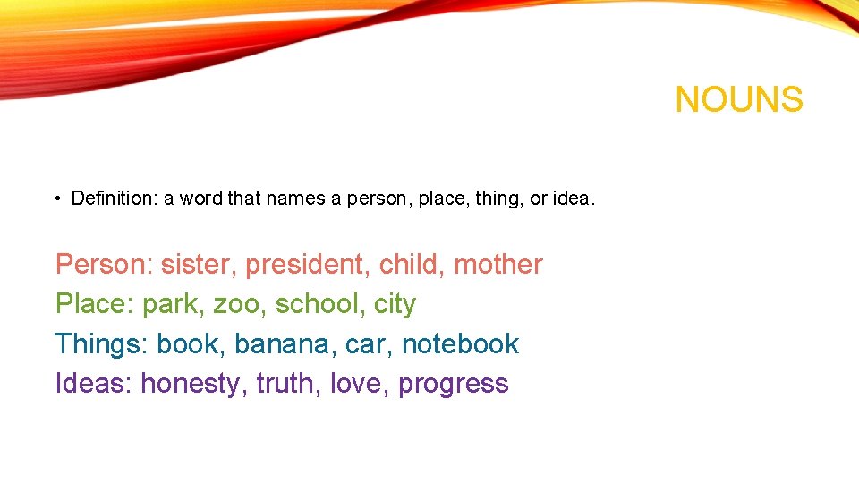 NOUNS • Definition: a word that names a person, place, thing, or idea. Person: NOUNS • Definition: a word that names a person, place, thing, or idea. Person: