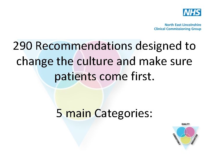 290 Recommendations designed to change the culture and make sure patients come first. 5