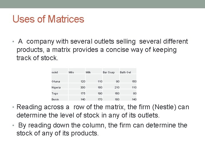 Uses of Matrices • A company with several outlets selling several different products, a