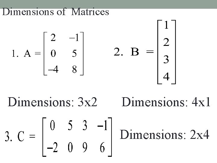 Dimensions of Matrices Dimensions: 3 x 2 Dimensions: 4 x 1 Dimensions: 2 x