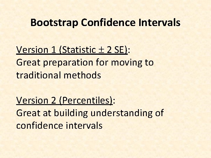 Bootstrap Confidence Intervals Version 1 (Statistic 2 SE): Great preparation for moving to traditional
