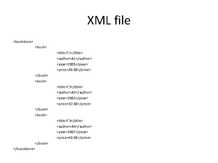 XML file <bookstore> <book> <title>T 1</title> <author>A 1</author> <year>2005</year> <price>30. 00</price> </book> <title>T 2</title>