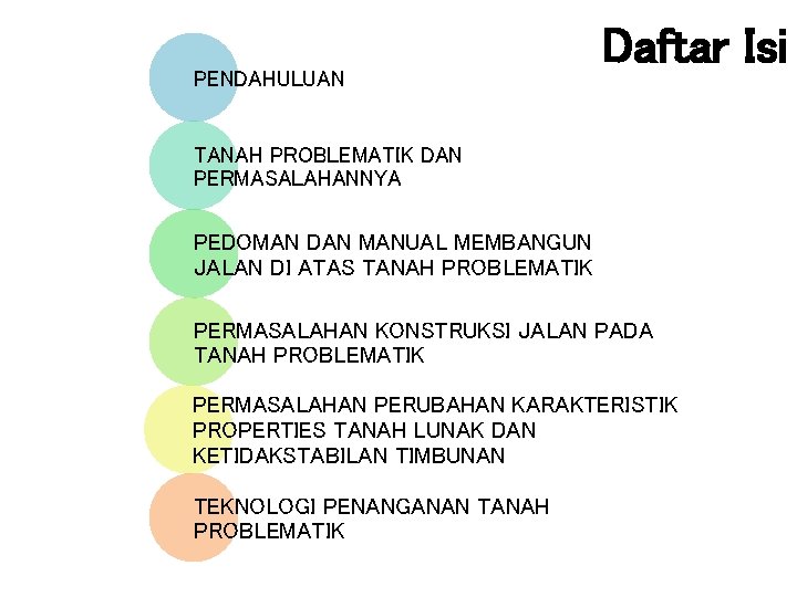 PENDAHULUAN Daftar Isi TANAH PROBLEMATIK DAN PERMASALAHANNYA PEDOMAN DAN MANUAL MEMBANGUN JALAN DI ATAS