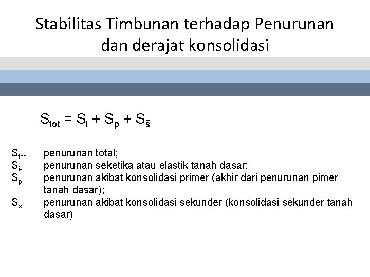 Stabilitas Timbunan terhadap Penurunan derajat konsolidasi Stot = Si + Sp + S s