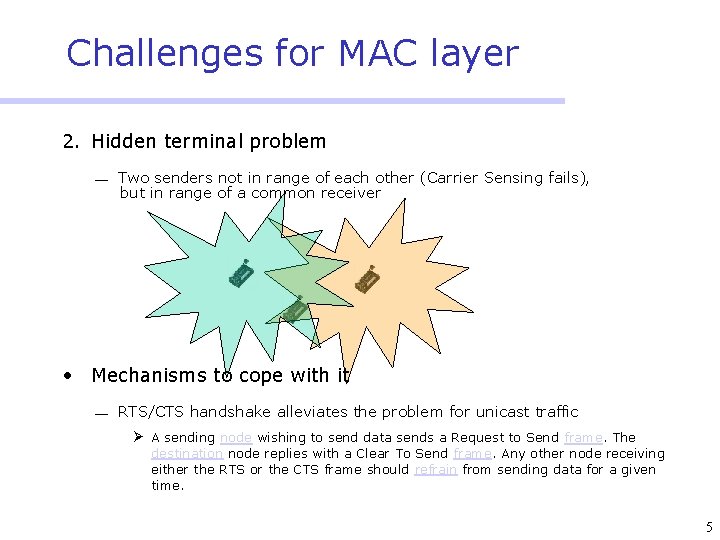 Challenges for MAC layer 2. Hidden terminal problem ¾ Two senders not in range