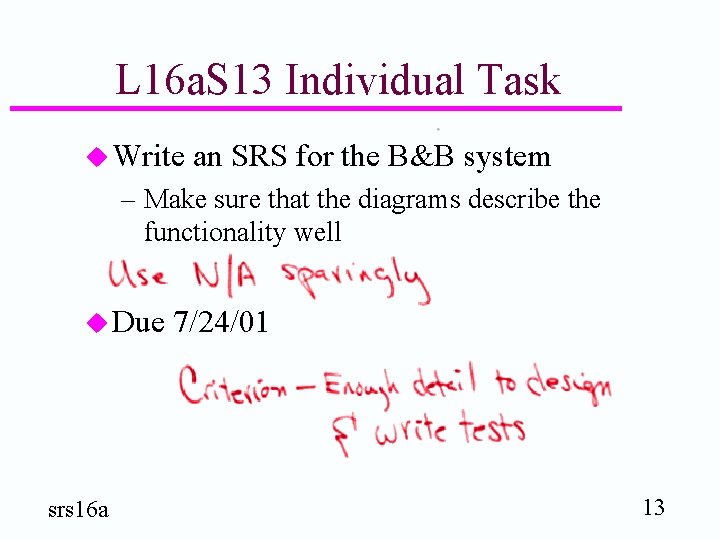 L 16 a. S 13 Individual Task u Write an SRS for the B&B