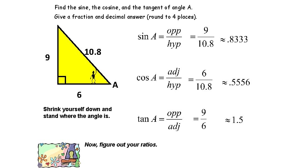 Find the sine, the cosine, and the tangent of angle A. Give a fraction