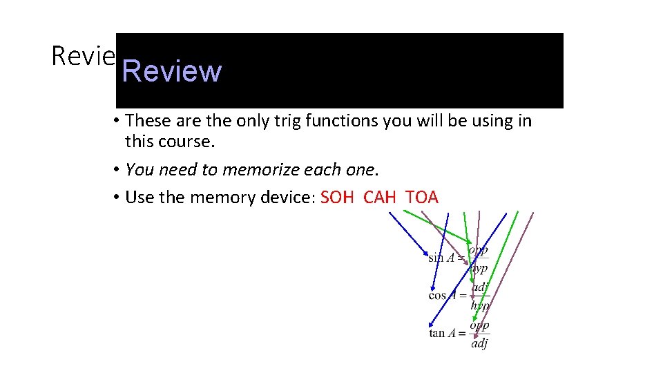 Review • These are the only trig functions you will be using in this