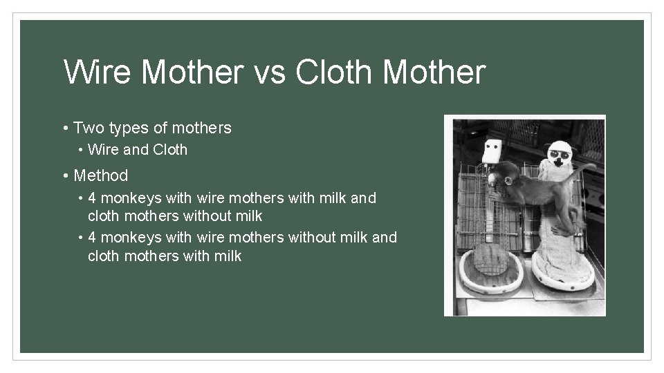 Wire Mother vs Cloth Mother • Two types of mothers • Wire and Cloth