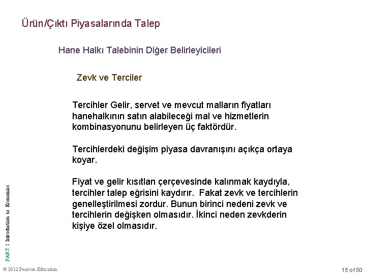 Ürün/Çıktı Piyasalarında Talep Hane Halkı Talebinin Diğer Belirleyicileri Zevk ve Terciler Tercihler Gelir, servet