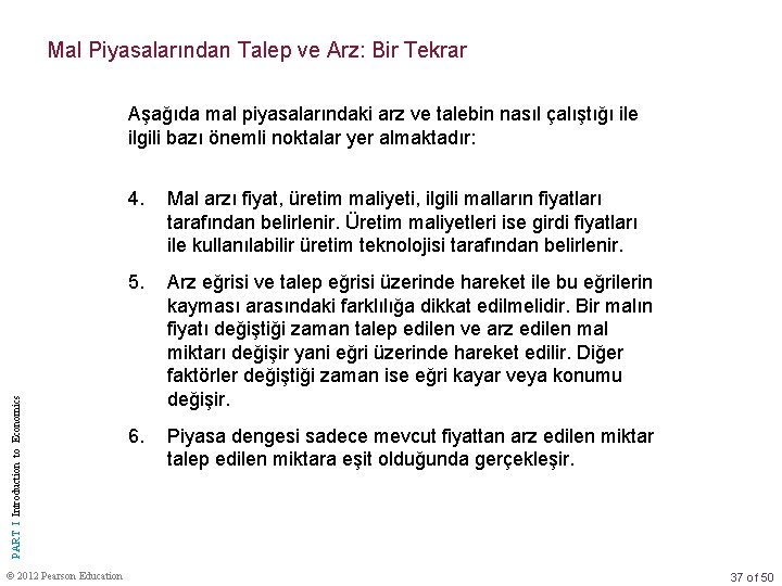 Mal Piyasalarından Talep ve Arz: Bir Tekrar PART I Introduction to Economics Aşağıda mal