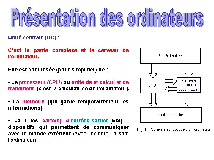 Unité centrale (UC) : C’est la partie complexe et le cerveau de l’ordinateur. Elle