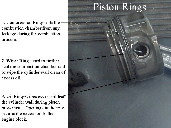 Piston Rings 1. Compression Ring-seals the combustion chamber from any leakage during the combustion