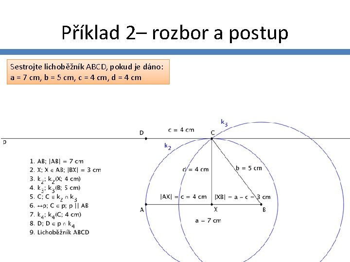 Příklad 2– rozbor a postup Sestrojte lichoběžník ABCD, pokud je dáno: a = 7