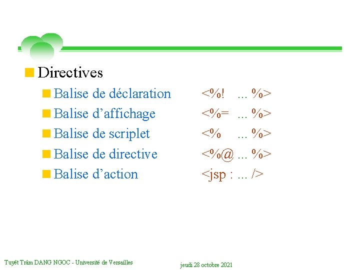 <Directives <Balise de déclaration <Balise d’affichage <Balise de scriplet <Balise de directive <Balise d’action