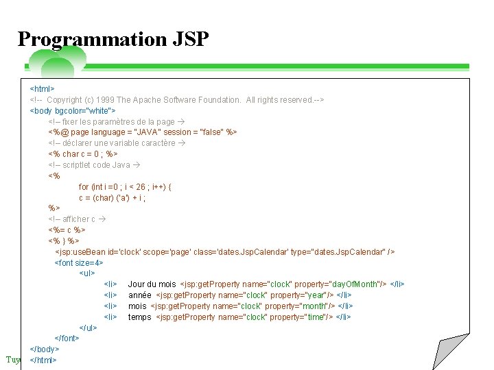 Programmation JSP <html> <!-- Copyright (c) 1999 The Apache Software Foundation. All rights reserved.