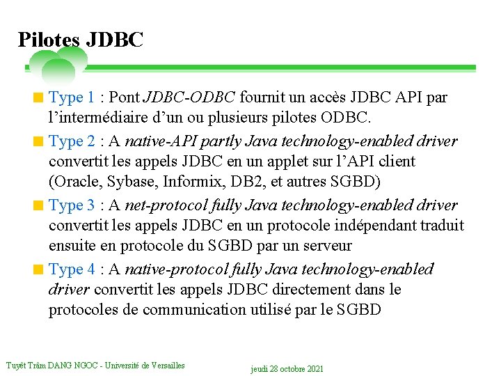 Pilotes JDBC < Type 1 : Pont JDBC-ODBC fournit un accès JDBC API par