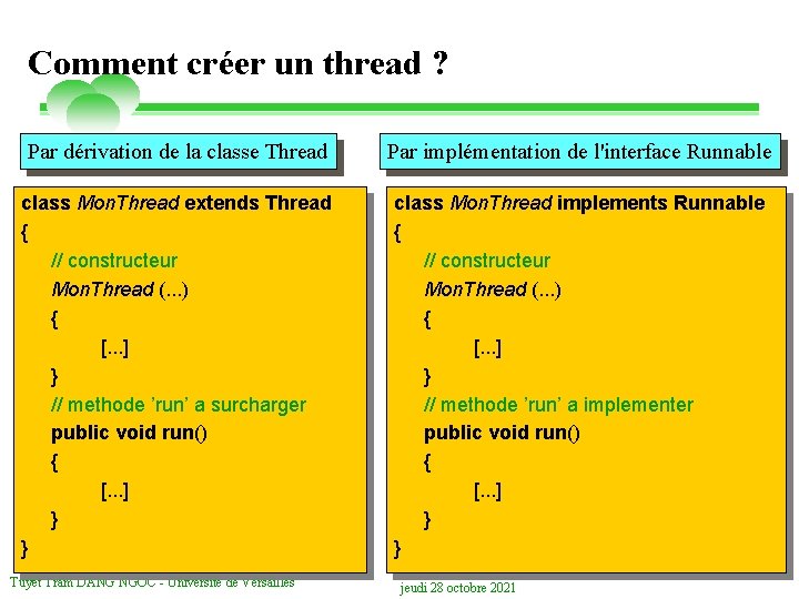 Comment créer un thread ? Par dérivation de la classe Thread Par implémentation de