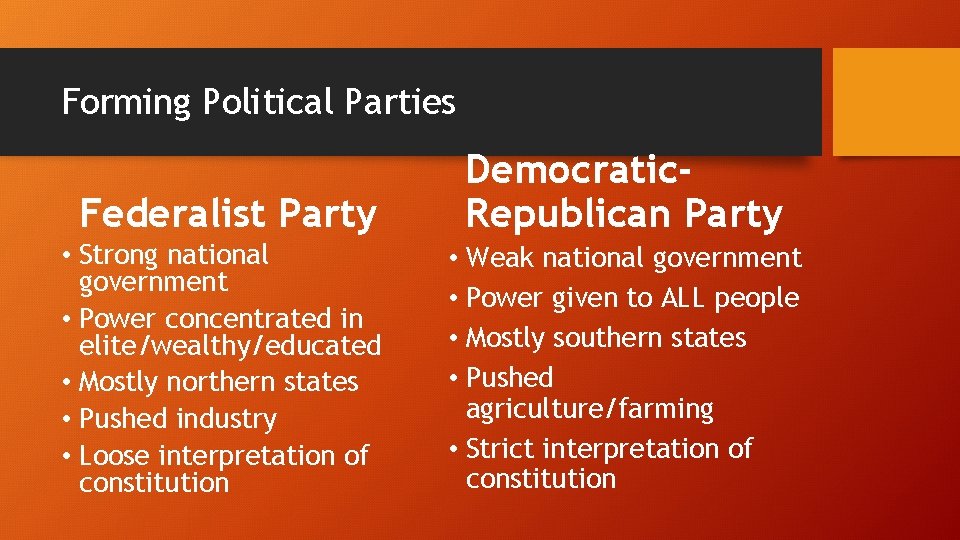 Forming Political Parties Federalist Party Democratic. Republican Party • Strong national government • Power