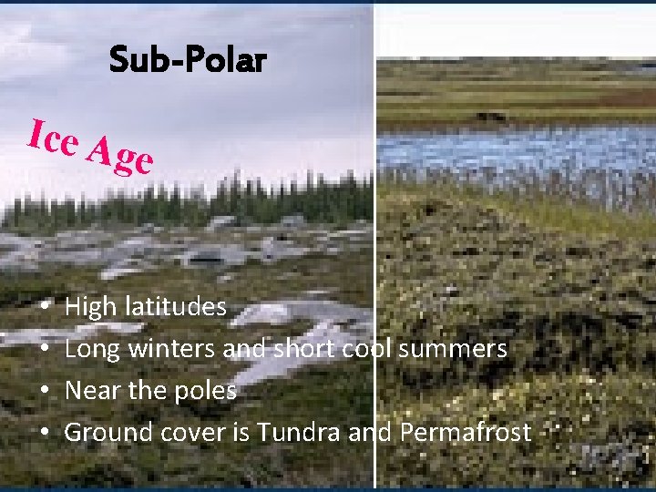 Sub-Polar Ice A ge • • High latitudes Long winters and short cool summers