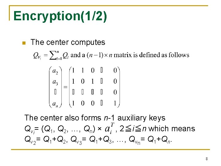 Encryption(1/2) n The center computes The center also forms n-1 auxiliary keys Qvi= (Q