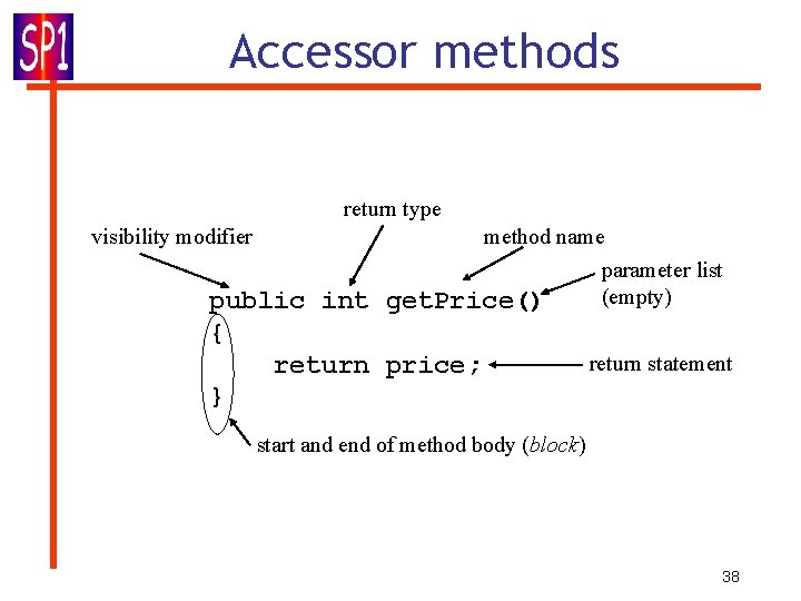 Accessor methods return type visibility modifier method name parameter list (empty) get. Price() public