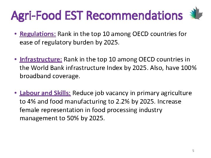 Agri-Food EST Recommendations • Regulations: Rank in the top 10 among OECD countries for