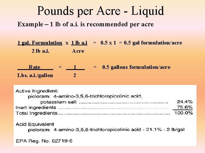 Pounds per Acre - Liquid Example – 1 lb of a. i. is recommended