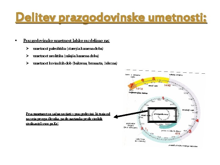 Delitev prazgodovinske umetnosti: § Prazgodovinsko umetnost lahko razdelimo na: Ø umetnost paleolitika (starejša kamena