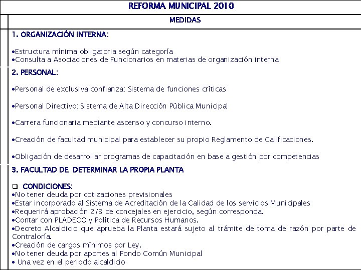 REFORMA MUNICIPAL 2010 MEDIDAS 1. ORGANIZACIÓN INTERNA: Estructura mínima obligatoria según categoría Consulta a
