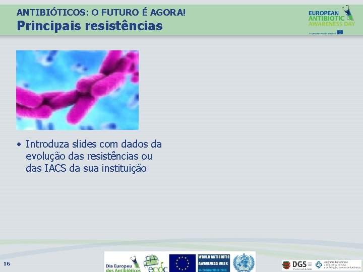 ANTIBIÓTICOS: O FUTURO É AGORA! Principais resistências • Introduza slides com dados da evolução