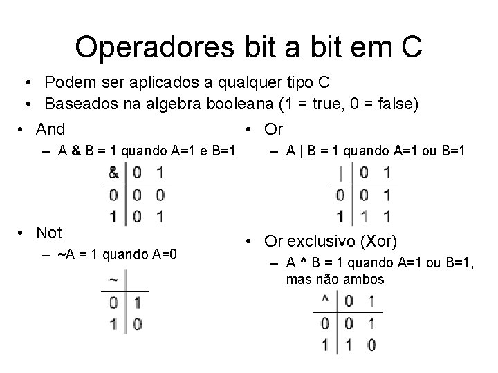 Operadores bit a bit em C • Podem ser aplicados a qualquer tipo C