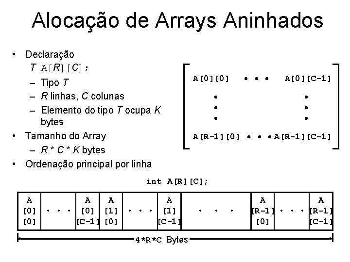 Alocação de Arrays Aninhados • Declaração T A[R][C]; – Tipo T – R linhas,