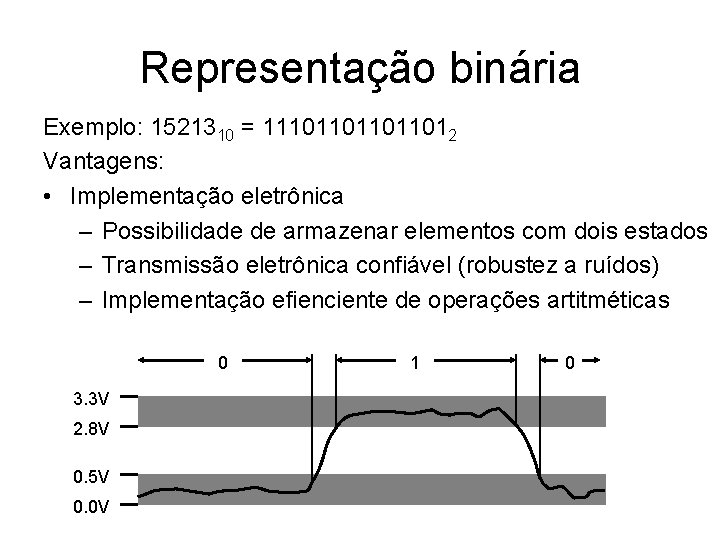 Representação binária Exemplo: 1521310 = 111011012 Vantagens: • Implementação eletrônica – Possibilidade de armazenar