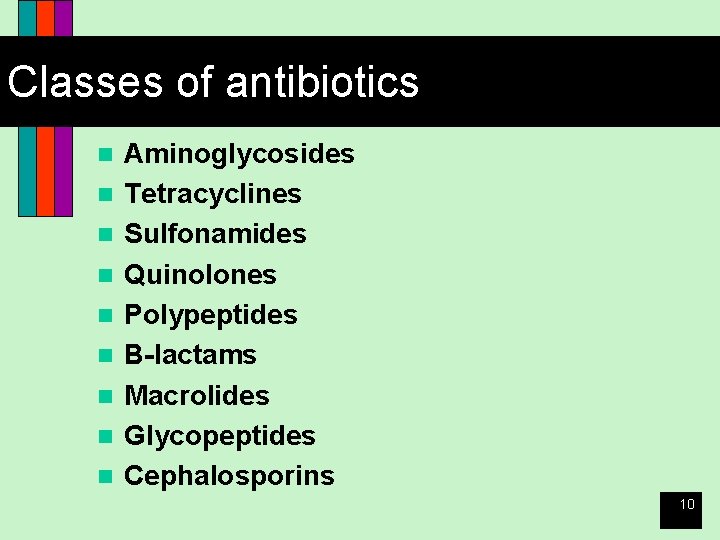 Classes of antibiotics n n n n n Aminoglycosides Tetracyclines Sulfonamides Quinolones Polypeptides B-lactams