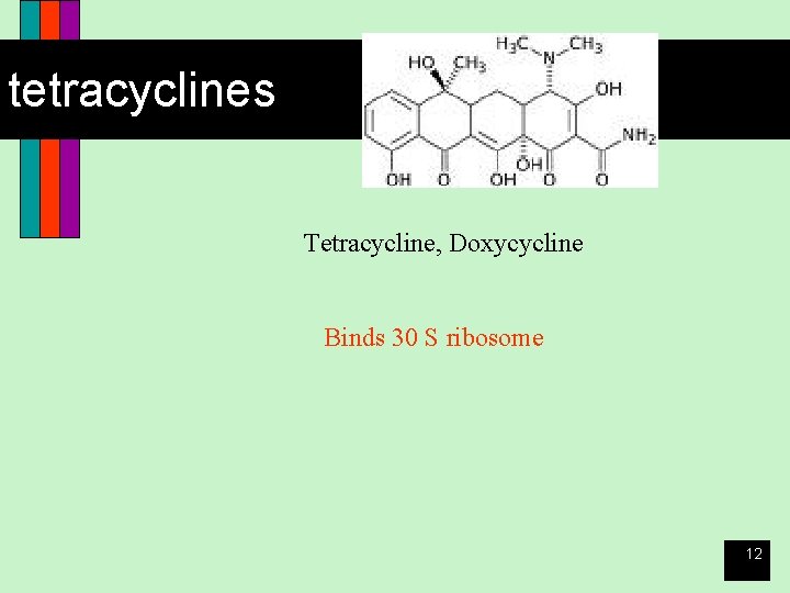 tetracyclines Tetracycline, Doxycycline Binds 30 S ribosome 12 