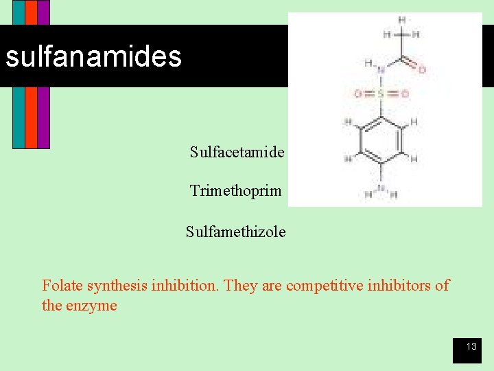 sulfanamides Sulfacetamide Trimethoprim Sulfamethizole Folate synthesis inhibition. They are competitive inhibitors of the enzyme