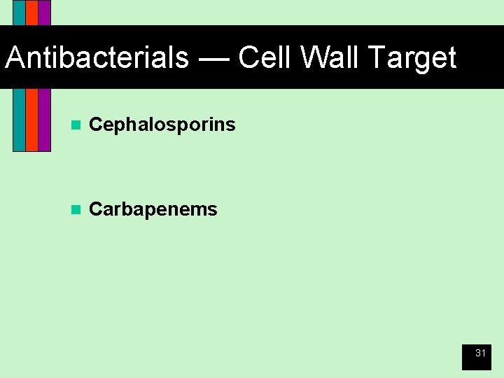 Antibacterials — Cell Wall Target n Cephalosporins n Carbapenems 31 